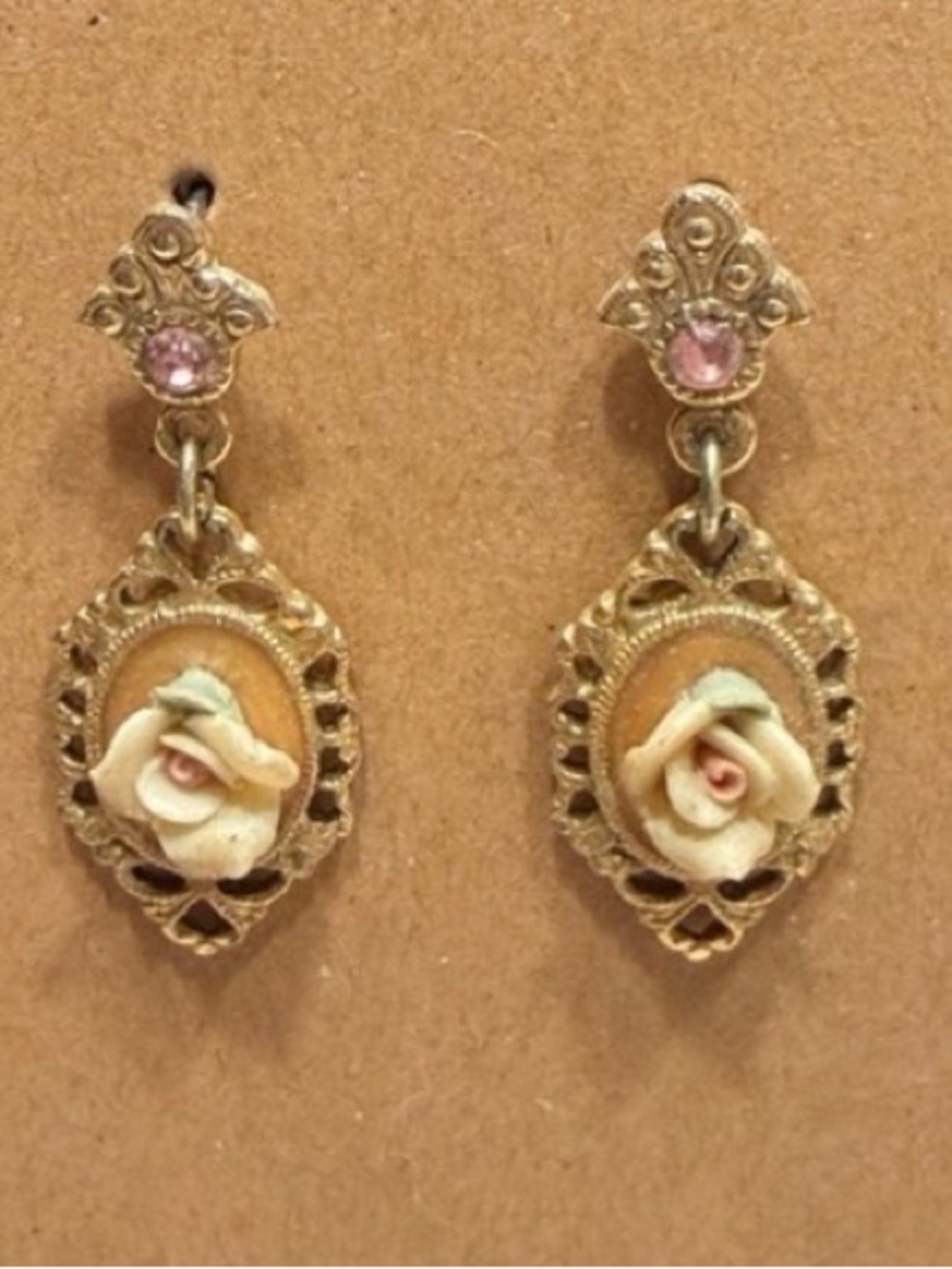 Antique Gold Floral Drop Earrings with Cream Roses